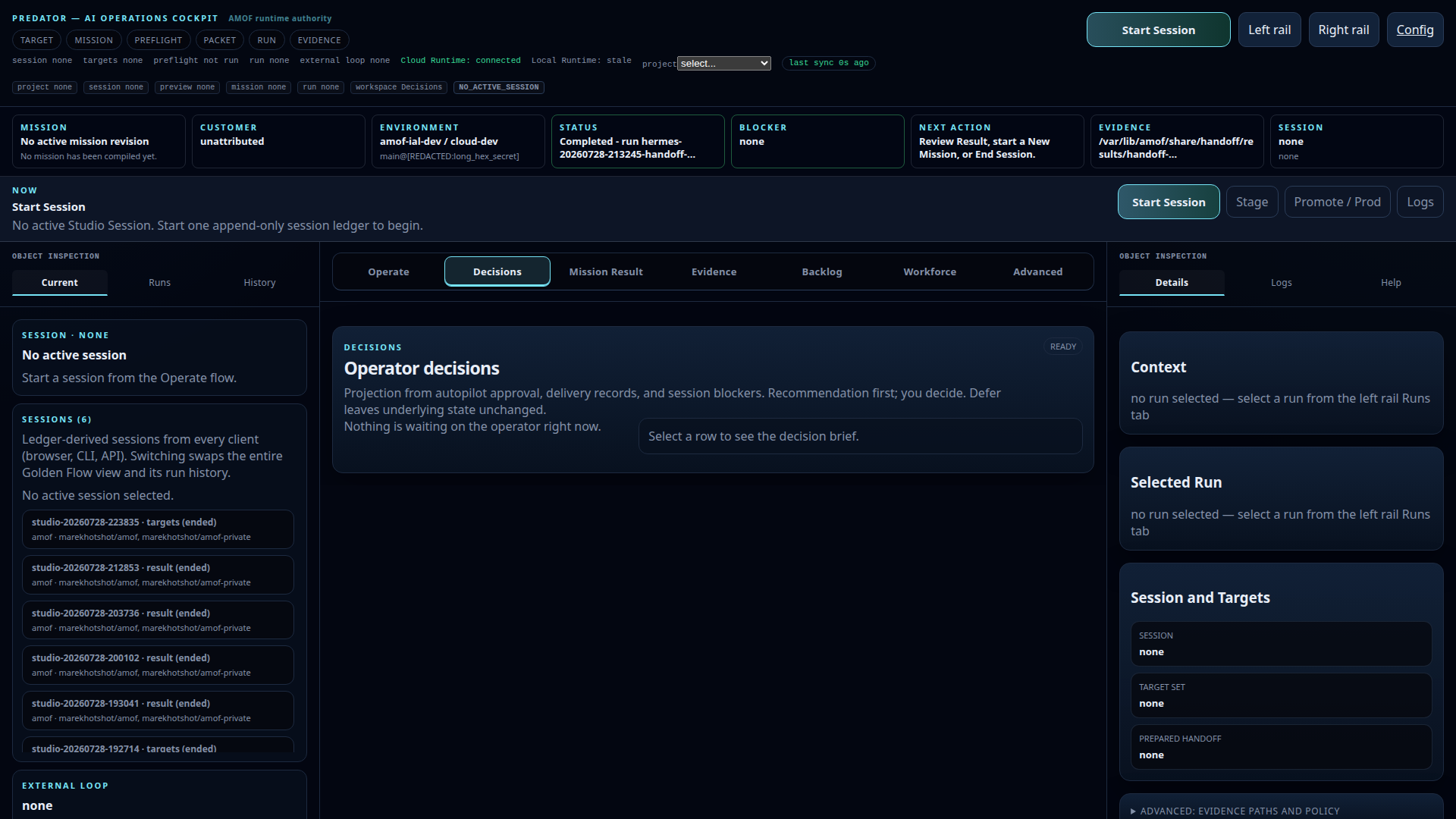 Predator Decisions workspace for operator approvals
