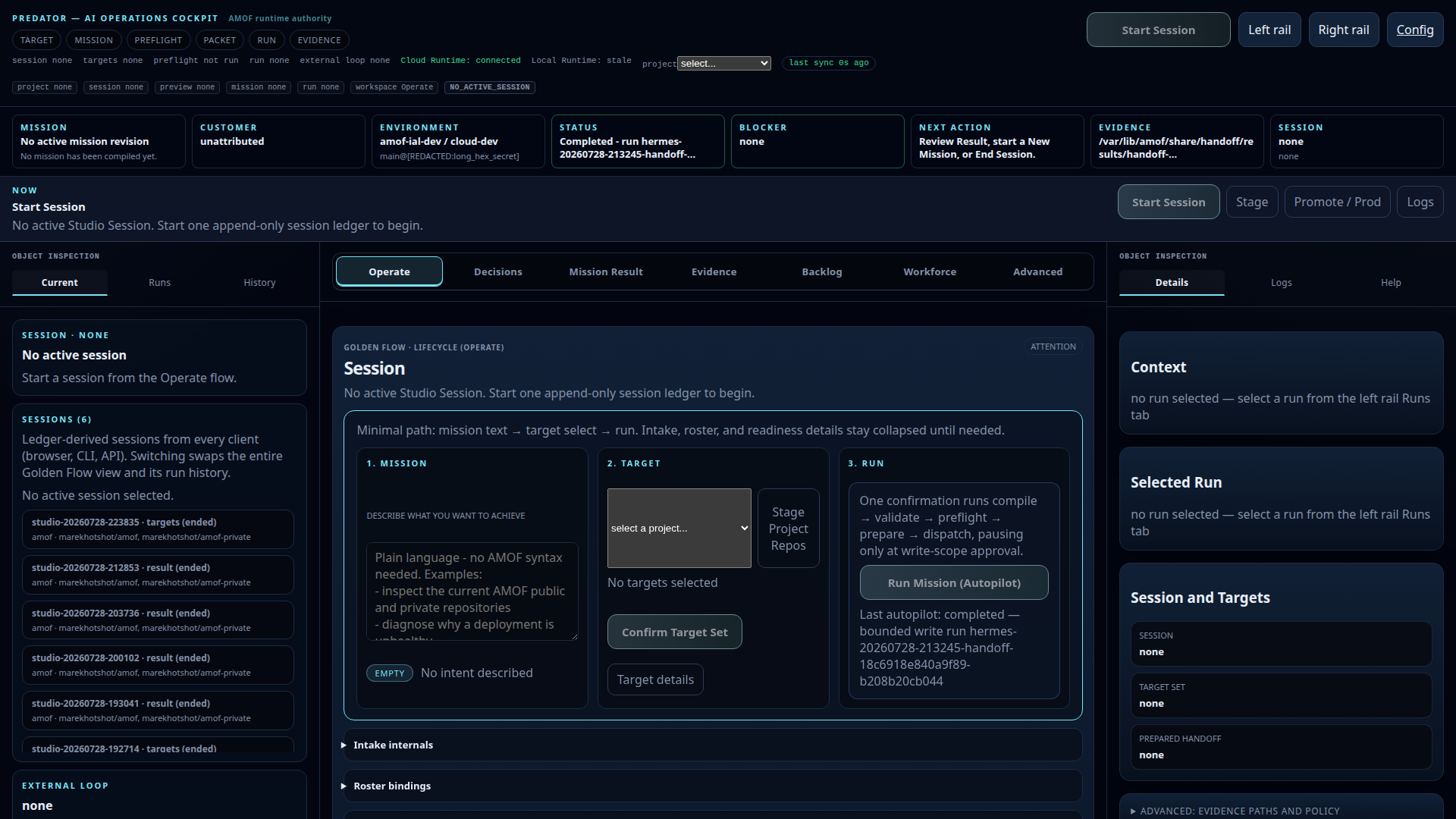 Predator Operate workspace showing Golden Flow: mission, target, and run under Runtime Authority