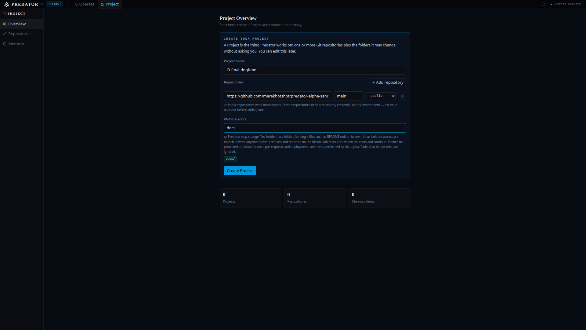 Create Project form with sandbox repository and declared writable roots