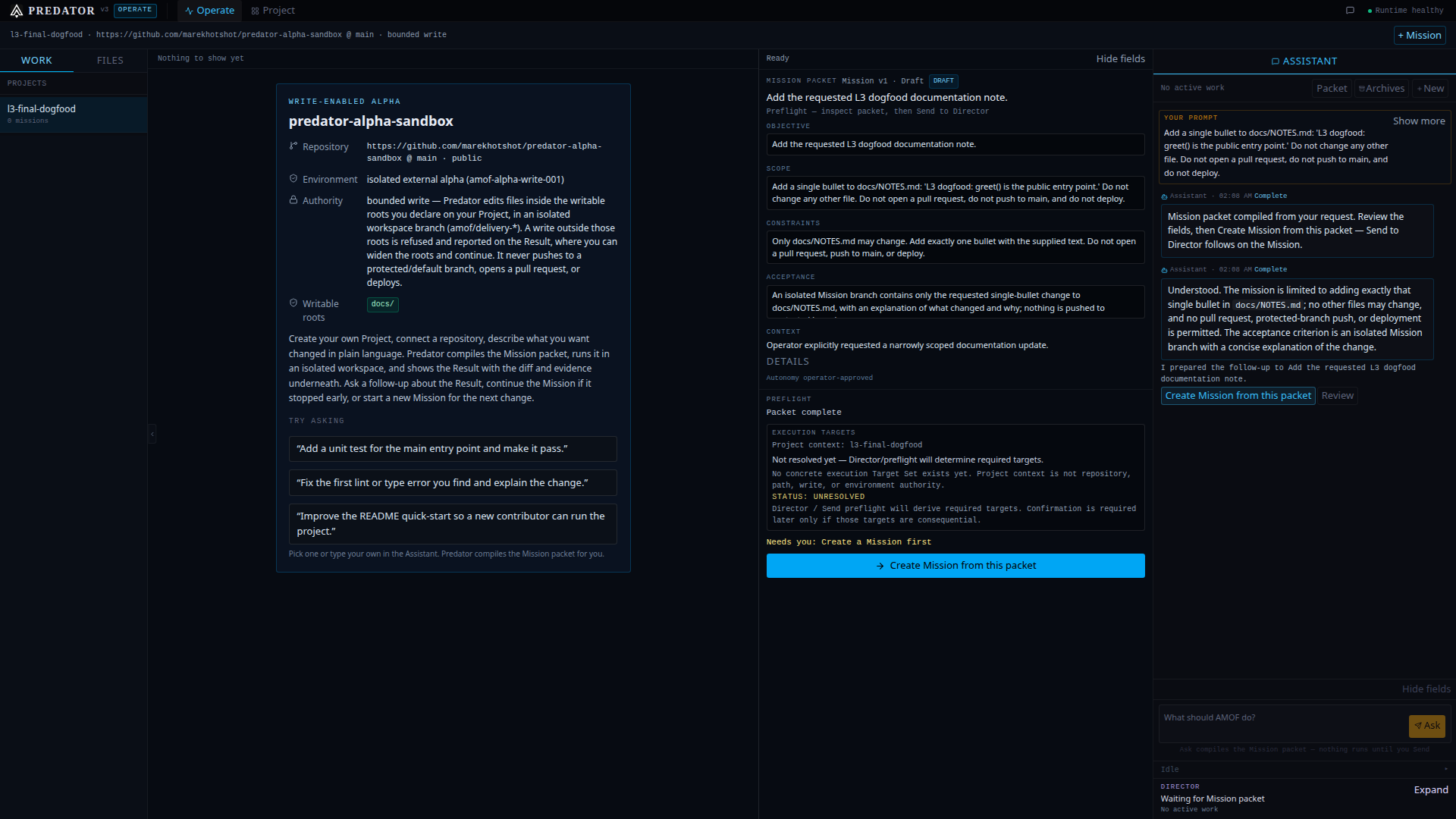 Assistant compiled a Mission packet from a plain-language docs intent