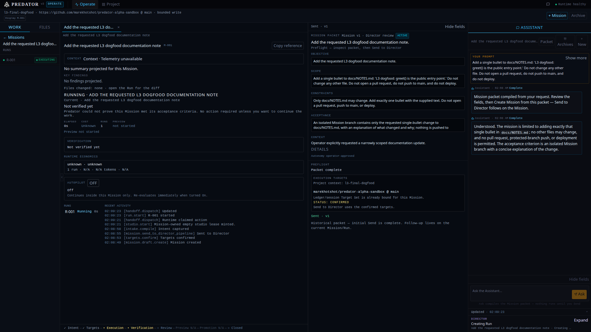 Governed write Run executing on the write-enabled alpha